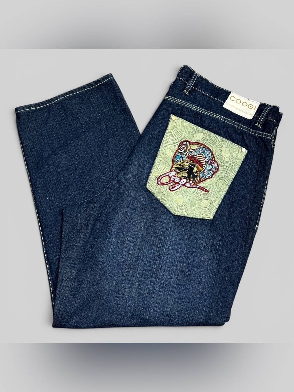 COOGI Embroidered Pocket Jeans 44x34 Dark Wash Denim Statement Designer Jeans
